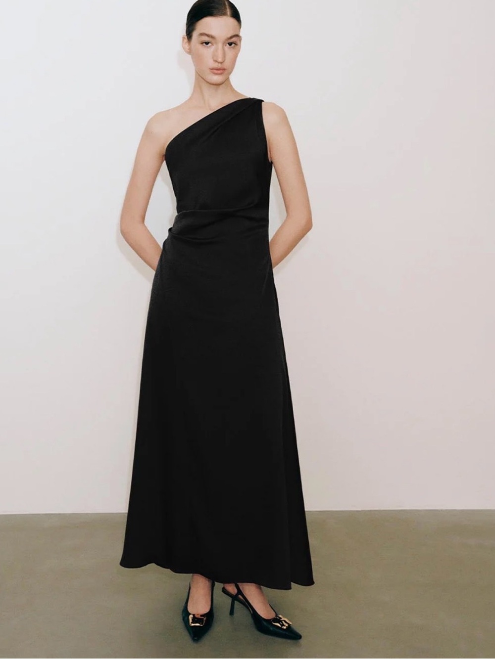 Elegant One-Shoulder Black Maxi Dress Small
